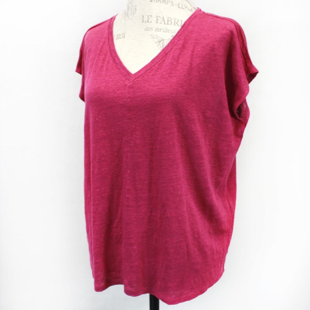 Eileen Fisher Berry Pink 100% Linen V-Neck Bat Sleeve T-Shirt Top Minimalist L